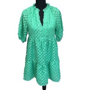 THML Grass Is Greener Puff Sleeve Texture Mini Dress Sz XS Bohemian Cottage Core